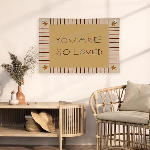 Image of Boy Girl Nursery Kids Room Decor, You Are So Loved Inspirational Canvas Banner Flag Wall Decor, Retro Neutral Wall Hanging Flag Decorations for Kids Toddler Room Bedroom Playroom, 30x20 Inch