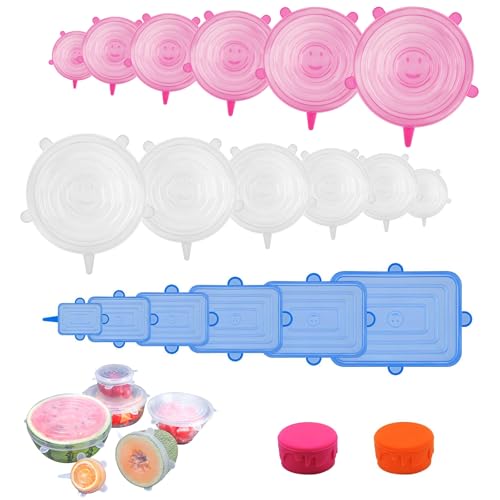 18 Stück Silikon Stretch Deckel Dehnbar, BPA Free Wiederverwendbar Dehnbare Silikondeckel Verschiedenen Größen, Silikondeckel Set für Schüsseln, Becher, Dosen, Obst