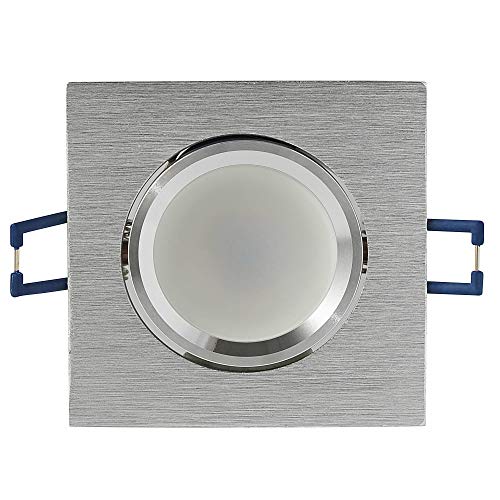 Foco LED empotrable cuadrado de acero inoxidable cepillado, 6,5 W, blanco neutro, plano, 230 V, intensidad regulable, orientable, 70 mm de orificio de perforación