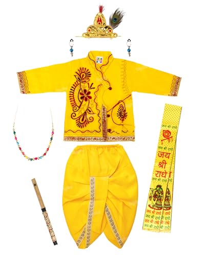 Image of Zest 4 Toyz Kids Krishna Dress Costume for Janmashtami Boys Kanha Fancy Dress Dhoti, Patka, Kundal, Morpankh, Mukut, Bansuri, Bajuband, Kamarband
