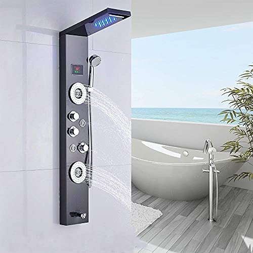 Panel de ducha LED con 5 funciones, pantalla digital de temperatura, cabezal de ducha lluvia y cascada, duchador de mano y boquillas de masaje corporal miniatura 2