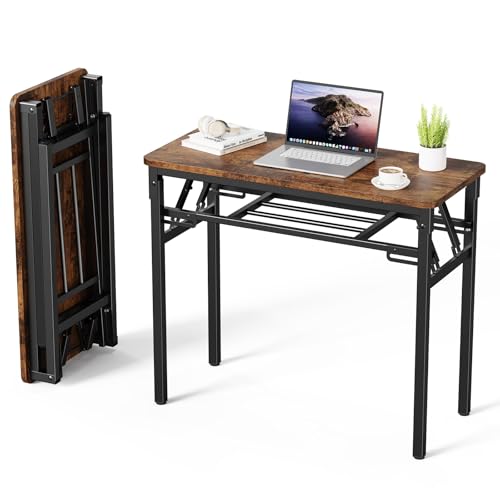 Sythdio Myth デスク pcデスク 机 幅80×奥行40×高さ75cm パソコンデスク折り畳み式 角が丸い 勉強机 パソコンテーブル ゲーミングテーブル 办公桌 小さい computer desk 学習机 2段収納 コンパクト 作業台 在宅ワーク おしゃれ 組立不要 耐荷重50kg(ブラウン)