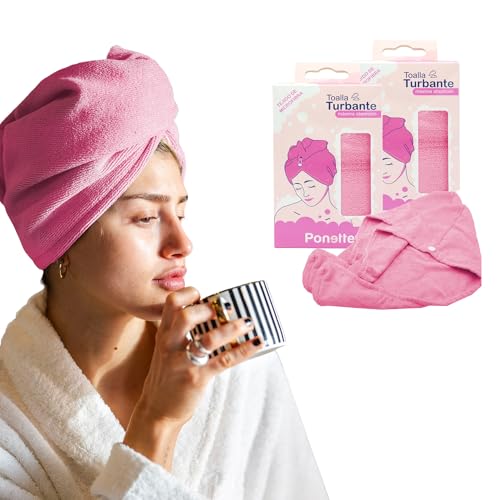 Ponette - 2 Toallas Turbante de Máxima Absorción, Toallas para Secar el Pelo sin Encrespamiento, Botón de Sujeción, Tratamientos Capilares, Menos Secado con Secador