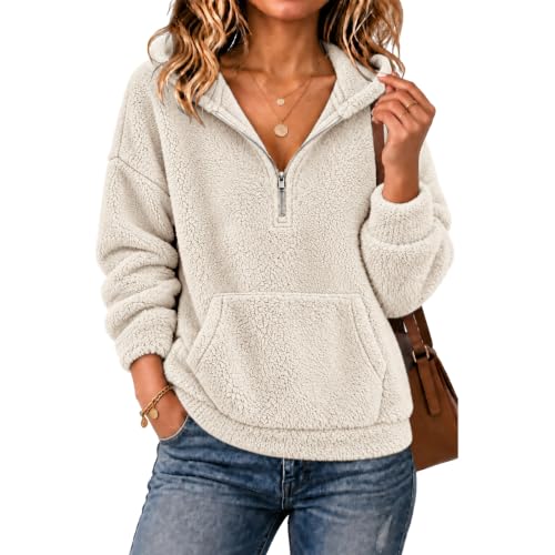 Womens Fleece Jacket Beige S Quarter Zip Hoodie Fall Oversized | Fall Sweatshirts for Women, Double-sided Fleece Cozy Warm Hoodie, Quarter Zip Fleece Pullover Women, Trendy Casual Outwear - image 5