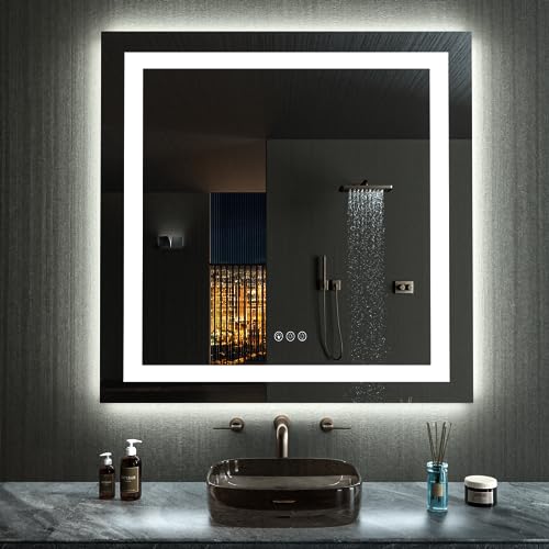 LOAAO 38"X38" LED Bathroom Mirror with Lights, Anti-Fog, Dimmable, RGB Backlit + Front Lighted, Bathroom Vanity Mirror for Wall, Memory Function, Waterproof, Tempered Glass
