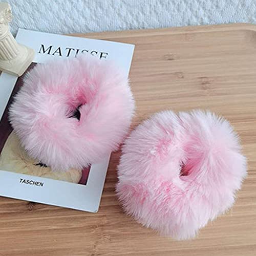 2 PCS Furry Hair Scrunchies Cute Hair Bands with Faux Rabbit Fur Elastic Hair Ties Hair Bobbles Ponytail Holders Girls Women Hair Accessories (Pink)