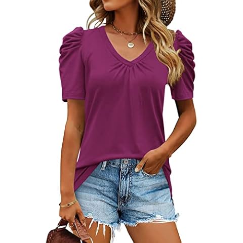 Micoson Camiseta de verano para mujer, cuello en V, manga corta, holgada, plisada Cover