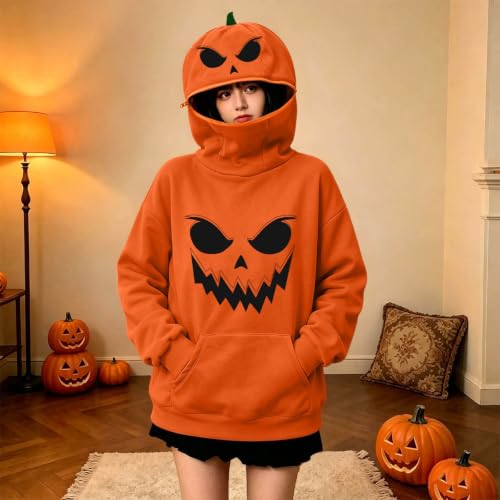 Hrwauag Halloween Costume Hoodie for Women Pumpkin Head Zipper Mask Design Long Sleeve Pullover with Pocket Pumpkin Snuggie - image 3