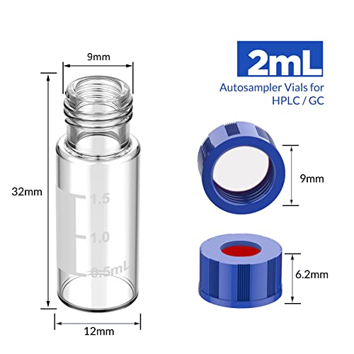Membrane Solutions Autosampler Vials, 2Ml Hplc Vials, 9-425 Lab Clear Vials With Write-On Spot And Graduations, 9Mm Blue Abs Screw Caps & Septa For Gc Sample Vials, 100 Pcs #TOP1
