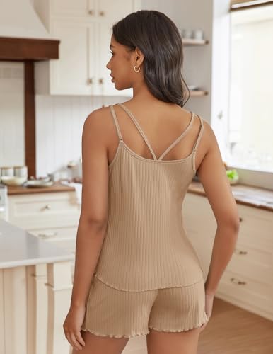 Image of Ekouaer Womens Cami Pajama Sets 2 Piece Ribbed Knit PJs Tank Top and Shorts Set Lingerie Sleepwear