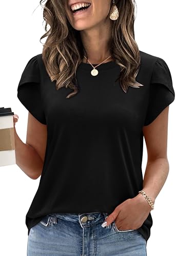 OFEEFAN T Shirts for Women Plus Size Womens Tops Dressy Casual 2026 Petal Sleeve Summer Maternity Clothes Work Black Blouses S