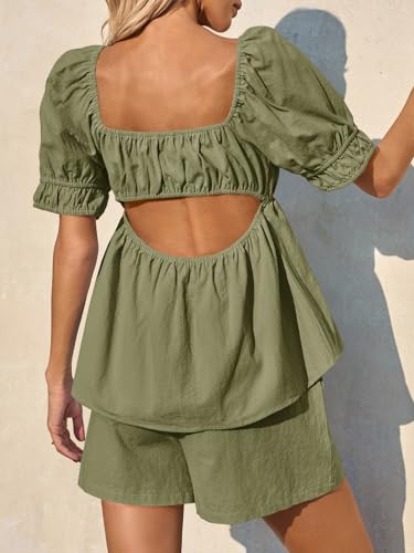 Image of Tankaneo Womens 2 Piece Outfits Summer Square Neck Short Puff Sleeve Babydoll Tops and Shorts Matching Set