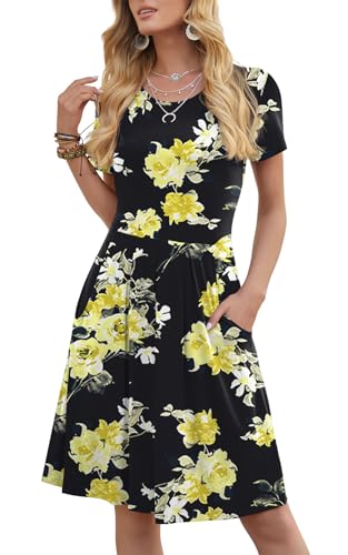 DouBCQ Women's Casual Short Sleeve Flowy Pleated Dresses Camellia-Black XXL