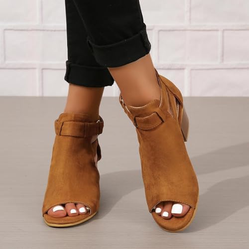 Women's Peep Toe Booties Toe Ankle Booties Chunky Heels Cutout Back Zipper Sandals Suede Side Ankle Strap Dress Sandals Strap Evening Party Shoes3