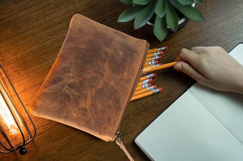 Marc Peter® Vintage Austin Federmäppchen aus Leder Federtaschen Mäppchen Etui mit YKK Reißverschluss, Große Kapazität Pencil Case Großes Federmappe Vintage Bräune