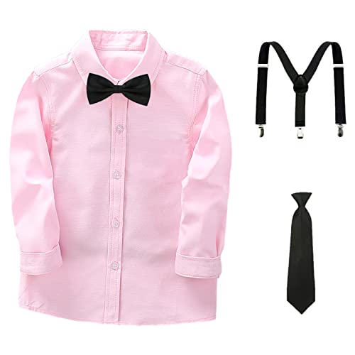 Image of amropi Boy Tuxedo Outfit 5-Piece Long Sleeve Bow-Tie Shirt and Suspender Pants Set for Age 1-13 Years