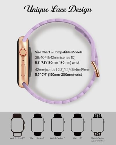 Sunnywoo Lace Sport Silicone Band Compatible with Apple Watch 38mm 40mm 41mm 42mm 44mm 45mm 46mm 49mm for Women, Soft Wristband Waterproof Replacement for iWatch Series Ultra 10 9 8 SE 7 6 5 4 3 2 1