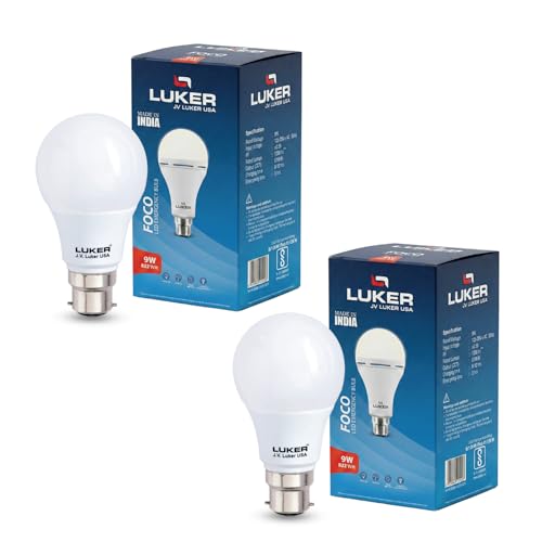 Image of LUKER JVLuker 9W Emergency LED Bulb B22 Base Energy Efficient Inverter Light 3.5 Hours Backup 120 Degree Wide Beam Coverage High CRI Lights for Home and Office 1 Year Warranty (Pack of 2, White)