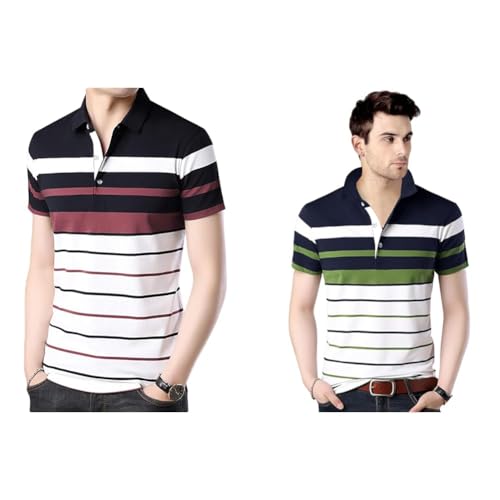 Image of EYEBOGLER Men's Striped Regular fit T-Shirt (T285HS White Darknavy Indigo Royal S) EYEBOGLERMenRegularT-Shirt (Pack of 2)