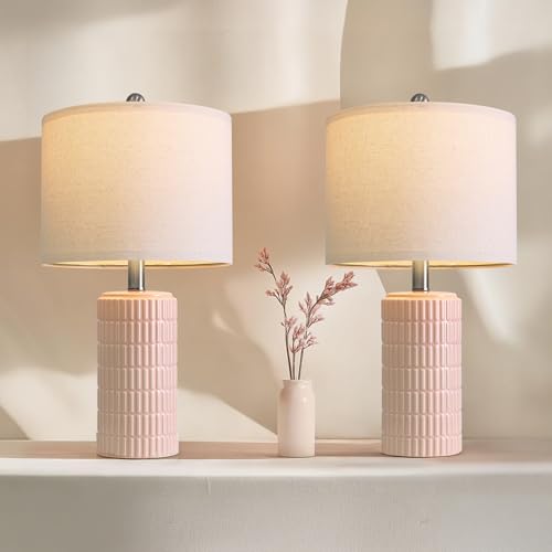PoKat 20.75' Pink Ceramic Table Lamps Set of 2, Small Modern Bedroom Lamps for Girls Room...