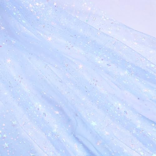 Tissu de tulle, 160 CM de largeur, tulle brillant, tissu avec motif étoiles, tissu adapté pour la fabrication de robes de princesse, robes, rubans (Bleu clair)