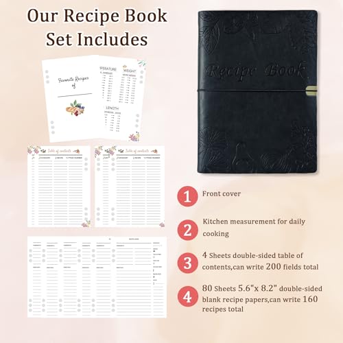 Image of leeveel Blank Recipe Book to Write in Your Own Recipes, 5.6 X 8.2 Recipe Ring Binder with PU Leather Cover, Recipe Journal with 160 Recipes (black)