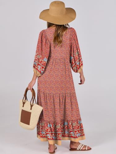 Image of ANRABESS Womens Boho Floral 3 /4 Puff Sleeve Maxi Dress