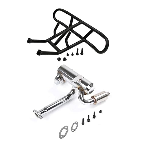 FLMLF 2 Hole Silencer Exhaust Pipe + Rear Bumper of 23CC~45CC Engine for 1/5 Hpi Rofun Rovan King Motor Baja 5B Rc Car Parts