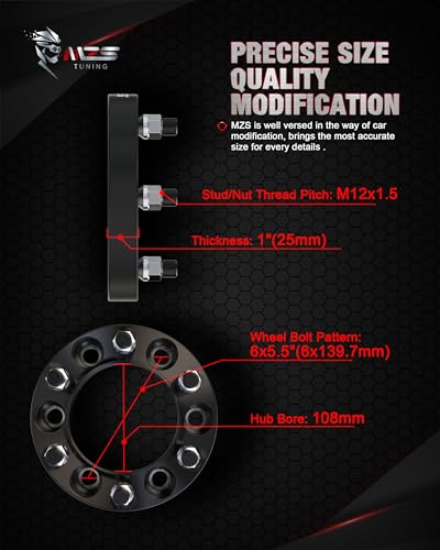Image of MZS 6x5.5 Wheel Spacers 1 inchM12x1.5 108mm for Tacoma 4Runner FJ Cruiser 2pcs