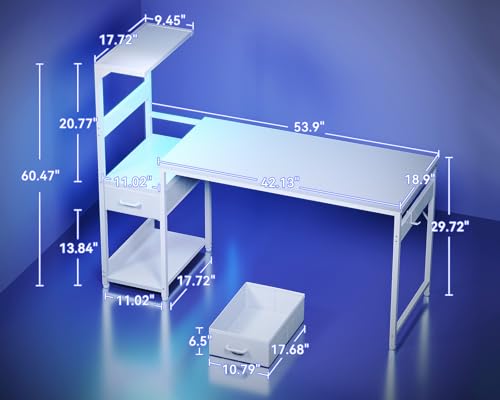 Image of Casaottima 54'' Gaming Desk with LED Lights & CPU Stand, Reversible Computer Desk with Storage Shelves & Fabric Drawer, Modern PC Gamer Table with Headphone Hook, Carbon Fiber White