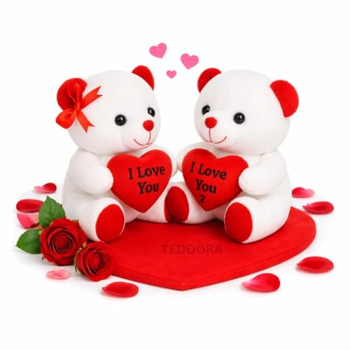 Image of Teddy Bear Couple on Heart Soft Toy for Girls Boys Kids, Stuffed Baby Gift Birthday, 20 cm Propose