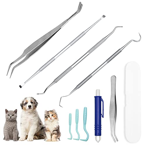 Reyshin Zeckenzange für Hunde Katze, 9 Stück Edelstahl Zeckenentferner Set Zeckenhaken Zeckenpinzette mit Zahnsteinentferner für alle Zecken (9 Stück) Cover
