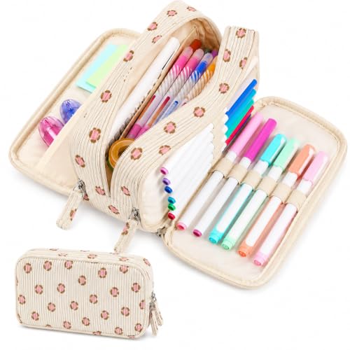 Image of Sooez Big Capacity Pencil Case Pen Pouch, Soft Corduroy Pencil Bag with 3 Compartment, Multiple Pockets, Sturdy Zipper, Cute School Supplies Pen Bag Organizer For Teen Girls-Pink Leopard Print