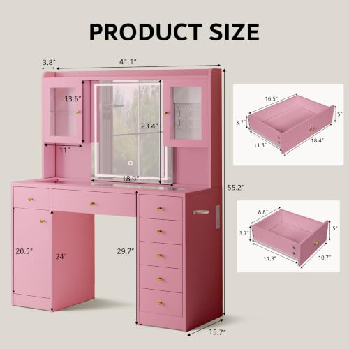 Image of iPormis Vanity Desk with Mirror and Lights, Glass Top Makeup Vanity with RGB Light and Power Outlet, Dressing Table Mirror with 3 Lighting Colors, 7 Drawers, 3 Cabinets, Pink Vanity for Bedroom