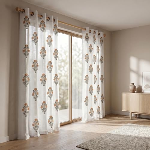 Image of LINENWALAS Decorative Cotton Linen Sheer Curtains 6 Feet for Window -Block Printed Door Curtain | Grommet Hanging Style Pack of 2 Panels |Light Filtering Sheer Drapes (Sandstone Floral)