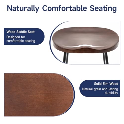 Butacos de Bar Juego de 2, Altura de 24 pulgadas, Asiento Silla de Madera Natural en Acabado Walnut, Base de Metal Negro, Sin Espaldar, Ideal para Isla de Cocina y Comedor miniatura 5