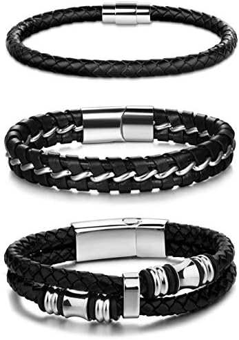 Jstyle 3Pcs Stainless Steel Braided Leather Bracelet for Men Women Leather Wrist Band Cuff Bangle Bracelet Clasp 7.5-8.5 inches