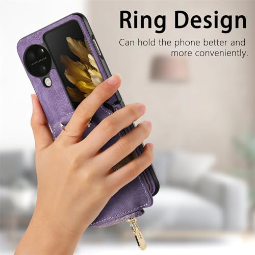 COQUE Shell Oppo Find N3 Flip Protective Cover,Magnetic Folding Zipper Wallet Card Slot Mobile Phone Leather Case for Oppo Find N3 Flip-Purple - Image 4