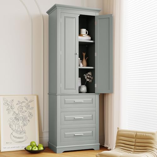 Image of Merax 70 inch Pantry Cabinet with Two Doors & Three Drawer, Adjustable Shelves Storage Cupboard for Kitchen /Dining Room /Bathroom, Gray