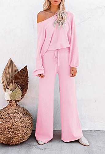 Ceuplon Women Knit Sweatsuit Round Neck Sweater Top Wide Leg Pants 2 Piece Outfits Pink M #TOP3