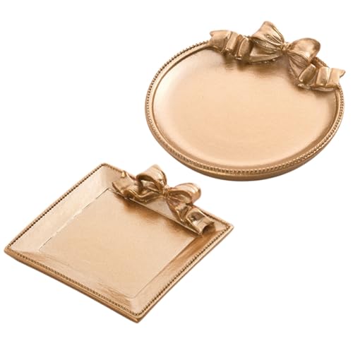 POPETPOP Bandejas para Joyas de Resina Dorada 2 Piezas, Plato Decorativo Diseño de Lazo, Bandeja Pequeña para Pendientes y Anillos, Organizador para Tocador y Obsequio Especial