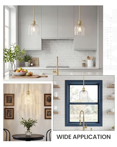 Image of zeyu Vintage Glass Hanging Lights 2 Pack, Kitchen Pendant Lights, Ceiling Hanging Light Fixtures with Clear Hammered Glass, Brushed Gold Finish, ZJF63MIL-L-2PK BG