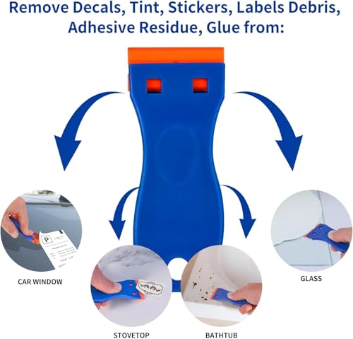 Image of 8 PCS Plastic Razor Blade Scraper Tool with 100 PCS Extra Blades, Cleaning Scraper Remover for Stickers Lables Paints Adhesives on Window Glass Car