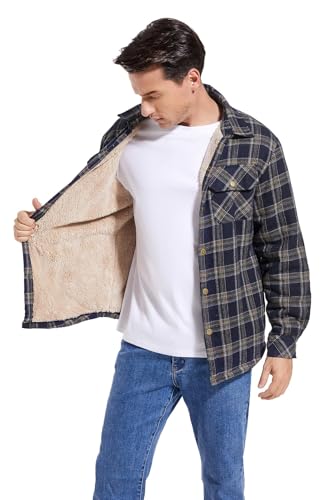 Image of Men's Sherpa Cotton Flannel Shirt Jacket Plaid Button Coat Pocket