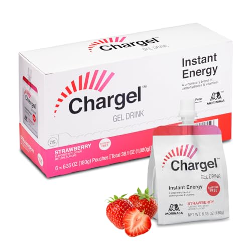 Chargel Strawberry, Caffeine-Free Instant Energy Gel Running, Biking, Workout, Hiking Essentials for Women & Men, Gifts for Runners - Carbs Vitamins, Gluten Free - Pack of 6 Gels - 6.35oz Each