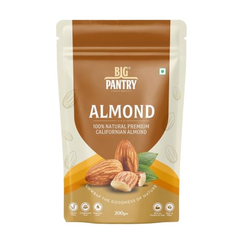 Image of BIG Pantry Premium California Almonds 200g | Whole Natural Badam | Crunchy & Fresh Almond Nuts | High Protein & High Fiber Snack | Gluten Free | Resealable Stand-Up Pouch (Pack of 1)