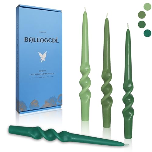 Image of Gradient Green Smokeless Candles Handmade Twisted Taper Candle 9.5 Inch Long Spiral Candlesticks Unscented Candles for Holiday Wedding Party Decor Gifts 4 Pcs