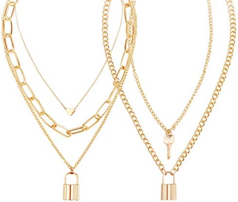 Sinvini Lock Chain Necklace, Egirl Chains, Statement Lock Pendant Necklace Gold Set Eboy Long Multilayer Chains Punk Choker 2 Set(5 Layer)