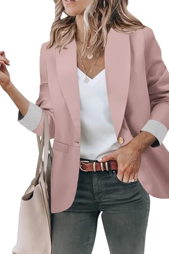 Genhoo Womens Blazers for Work Professional Casual Blazers 3/4 Sleeve Cardigan Office Suit Jacket Pink Medium