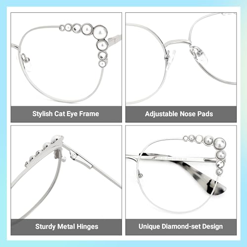 Image of Zeelool Stylish Metal Cat Eye Glasses Frame for Women with Non-prescription Clear Lens ZJGM751692-03 Silver, Large